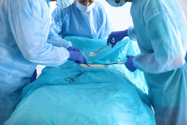 Team of surgeon in uniform perform operation on a patient at cardiac surgery clinic