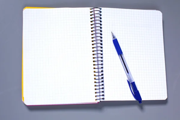 Open net note pad with a pen on a gray table