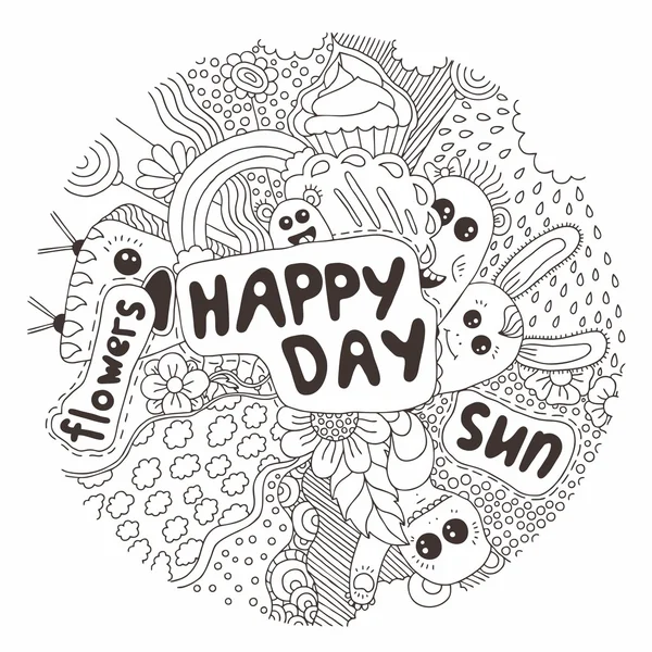 Hand-drawn doodle. Vector illustration. Happy day of little characters. Emotions. Flowers. Hand drawing. Abstract. Set of stylized images.