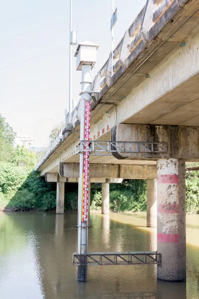 Big staff gage set up beside the bridge for water monitoring