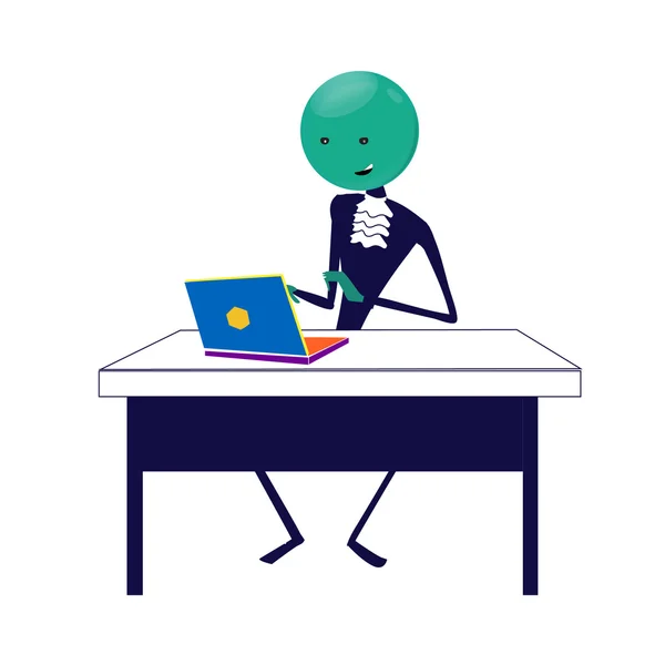 Thin green man sits at a table with a laptop