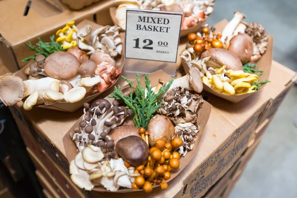 Assorted mushrooms at a farmers market in San Francisco, CA