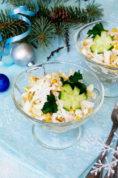 Salad with Egg rolls, chicken, corn and cucumber