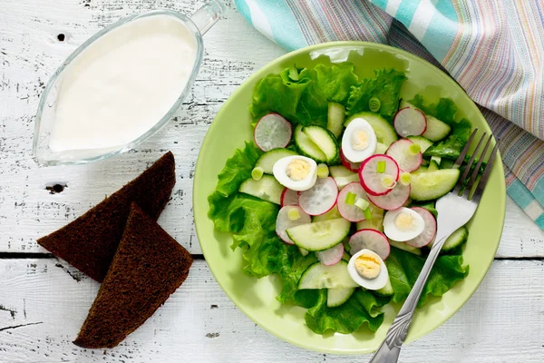 Salad with radish, egg, cucumber and lettuce with sour cream on