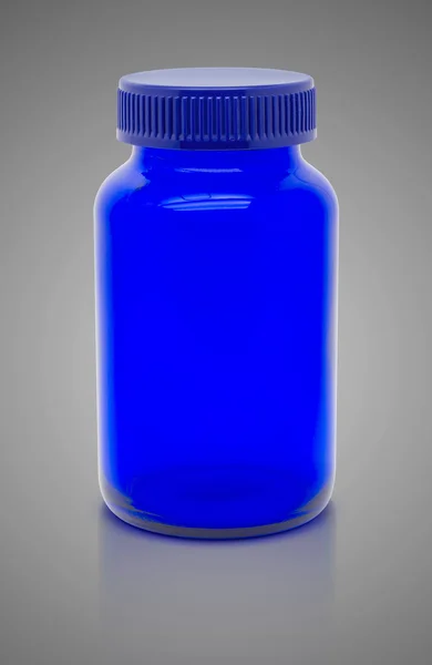 Blank blue glass bottle of supplement product isolated on gray background