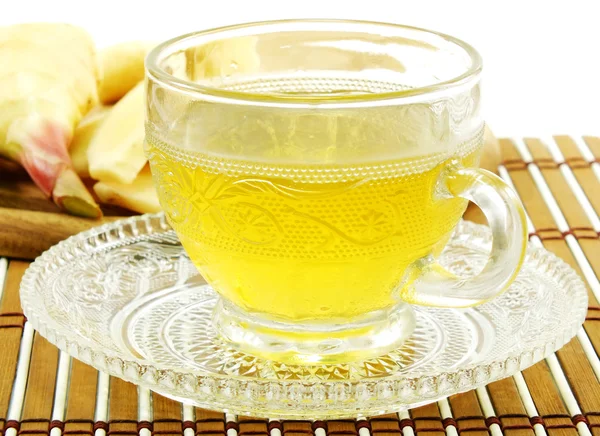 Ginger tea and ginger root on a wooden background