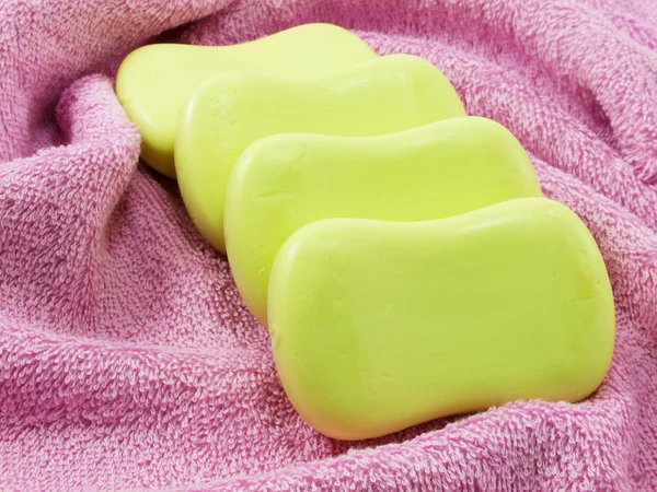 Bar of natural soap for cleaning and healthy on towel selective focus