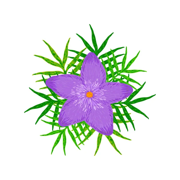The creative  purple flower with green leaves on the white backg