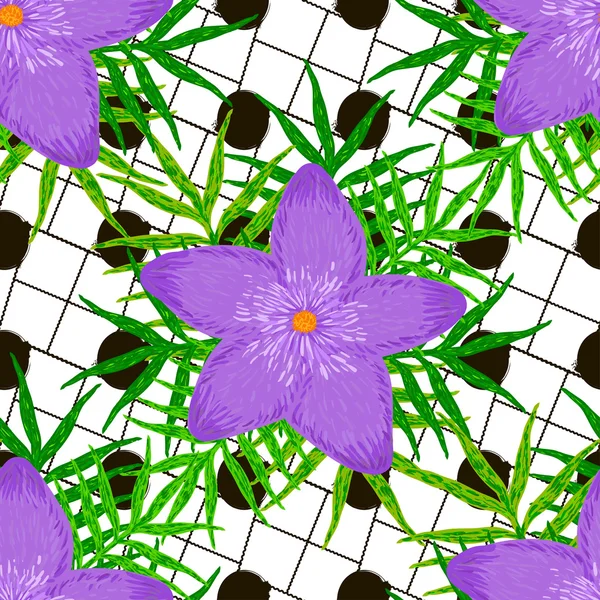 Vector seamless pattern from green leaves and purple flowers on