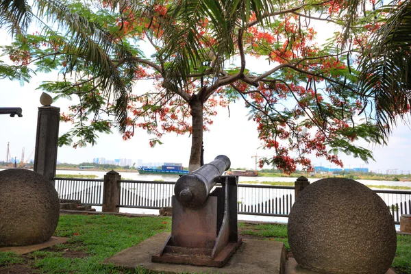 Ho Chi Minh City, Vietnam - June 9, 2015: antique cannons located on the banks of the Saigon River, it is the Evidence of the courage of the Vietnamese People Against the Aggression of the imperial French