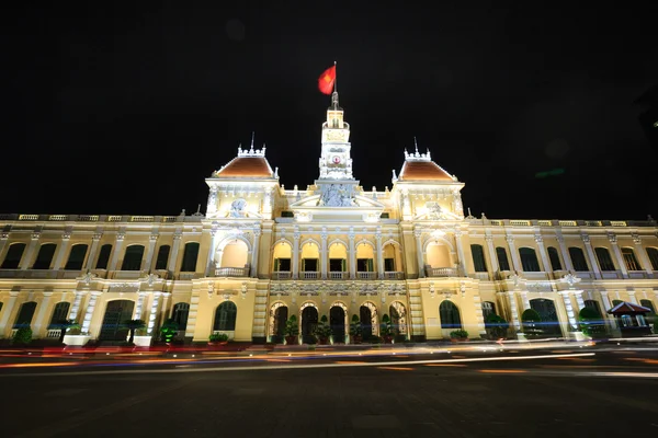 Ho Chi Minh City, Vietnam - July 19, 2015: Ho Chi Minh City in night town hall. Built in French colonial style building it was Saigon nht iconic Hotel de Ville and known as. Was built from 1898 to 1909 by architect designer Femand Gardes