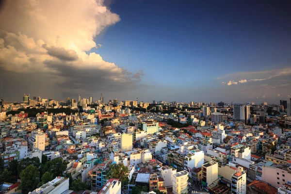 Hochiminh City, Vietnam - July 24, 2015: Saigon or Ho Chi Minh city skyline in sunset with colorful houses, Saigon is the largest city in Vietnam with around 10 million population people.