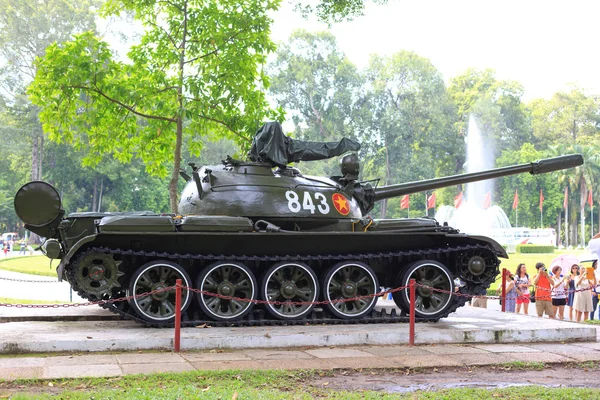 Hochiminh City, Vietnam - July 8, 2015: the first tank through the gates burst of the Independence Palace at the end of Vietnam War April 30th, 1975 at Ho Chi Minh City, Vietnam. After April 30, 1975 is known as Reunification Palace