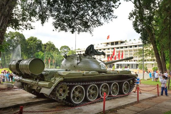 Hochiminh City, Vietnam - July 8, 2015: the first tank through the gates burst of the Independence Palace at the end of Vietnam War April 30th, 1975 at Ho Chi Minh City, Vietnam. After April 30, 1975 is known as Reunification Palace