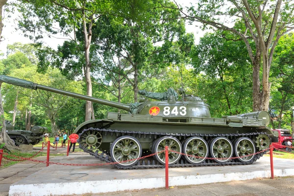 Hochiminh City, Vietnam - July 8, 2015: the first tank through the gates burst of the Independence Palace at the end of Vietnam War April 30th, 1975 at Ho Chi Minh City, Vietnam. After April 30, 1975 is known as Reunification Palace