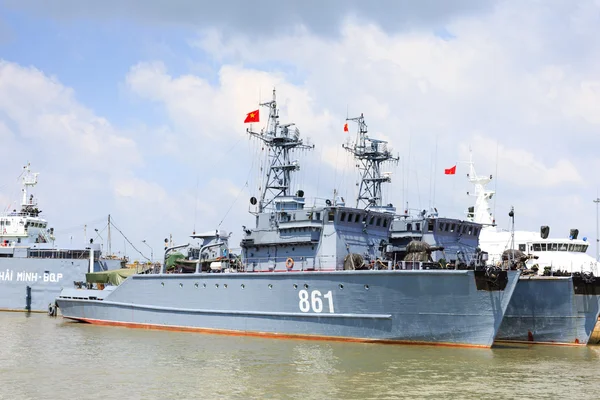 Ho Chi Minh City, Vietnam - June 27, 2015 - Military ships waiting to enter the river in repairs on HoChiMinh City, Vietnam