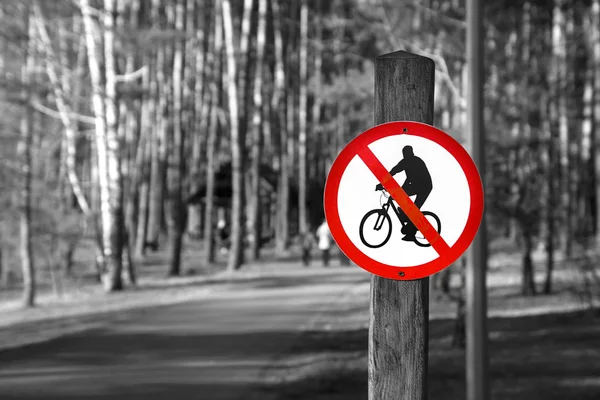 No Cycling road sign, outdoors in the Park in black and white color