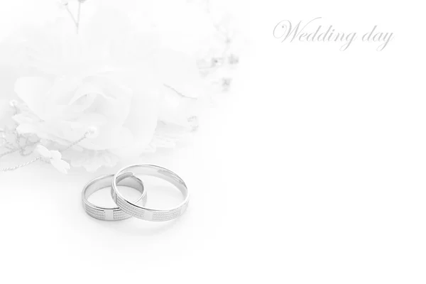 Wedding rings on wedding card on a white background