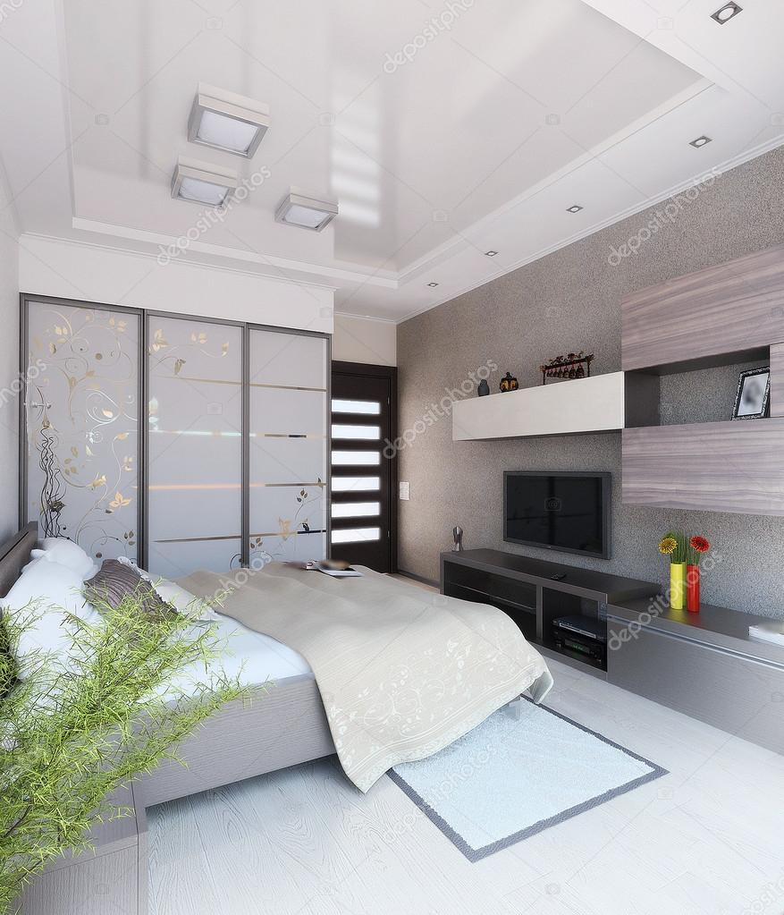 Sovrum modern stil inredning och design, 3d gör — stockfotografi ...