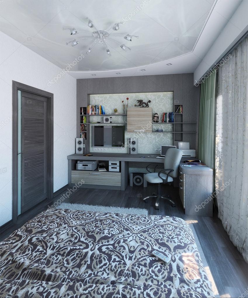 Moderne slaapkamer interieurontwerp, 3d render — stockfoto ...