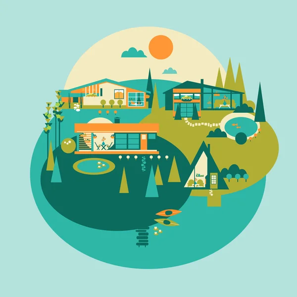 Resort Island Vector Set. Eco Houses in Mid-Century Modern Design and Landscape Design. Tourism and Recreation Concept.