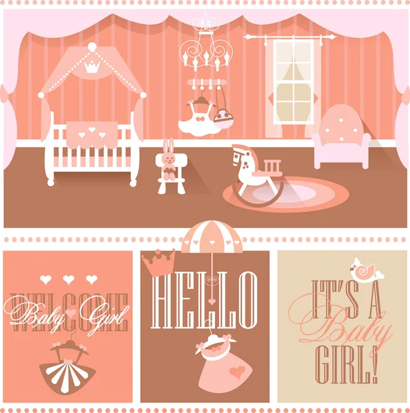 Baby girl room with furniture. Nursery and Playroom Interior. Greeting Cards Typography Design. Flat style vector illustration.