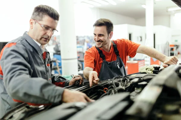 Car mechanics fixing car