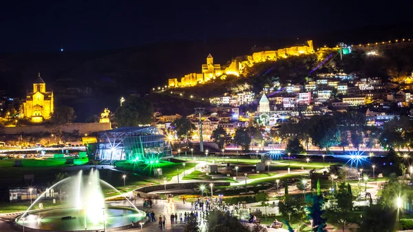 Aerial night view of Old Tbilisi, Georgia with Illuminated churc