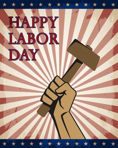 Labor Day poster, banner or flyer in vintage style. Hand with a hammer on a background of red light with an inscription Happy Labour Day. Vector illustration.