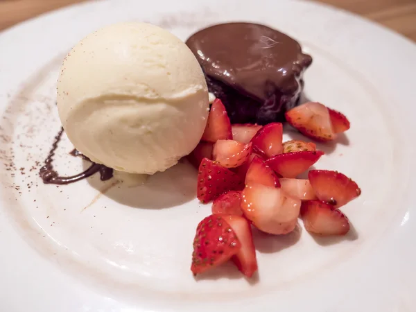 Vanilla ice cream, chocolate lava cake and strawberry 1