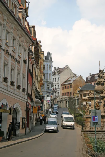 KARLOVY VARY, CZECH REPUBLIC - APRIL 20, 2010: Buildings in Karlovy Vary or Carlsbad that is a spa town situated in western Bohemia, Czech Republic