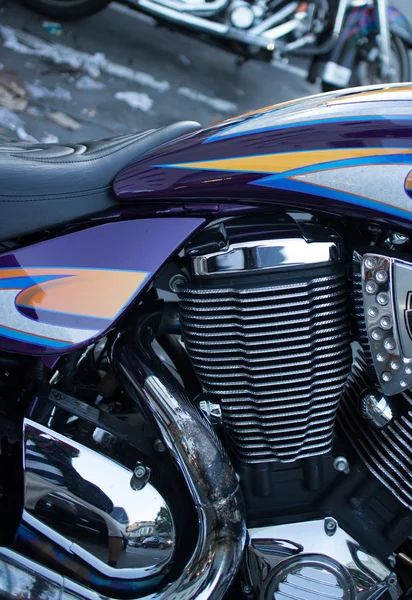 Detail of Shiny Chrome Cylinder and Engine on Cruiser Style Motorcycle