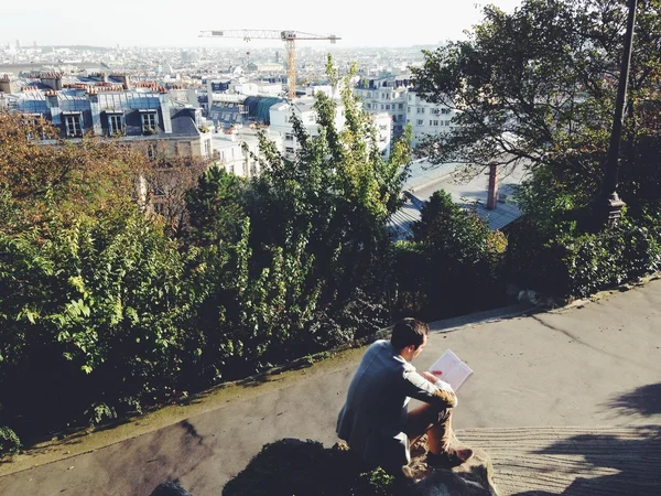 Man reading book in place overlooking Paris