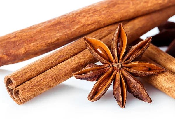Cinnamon stick and star anise spice close-up isolated on white background.