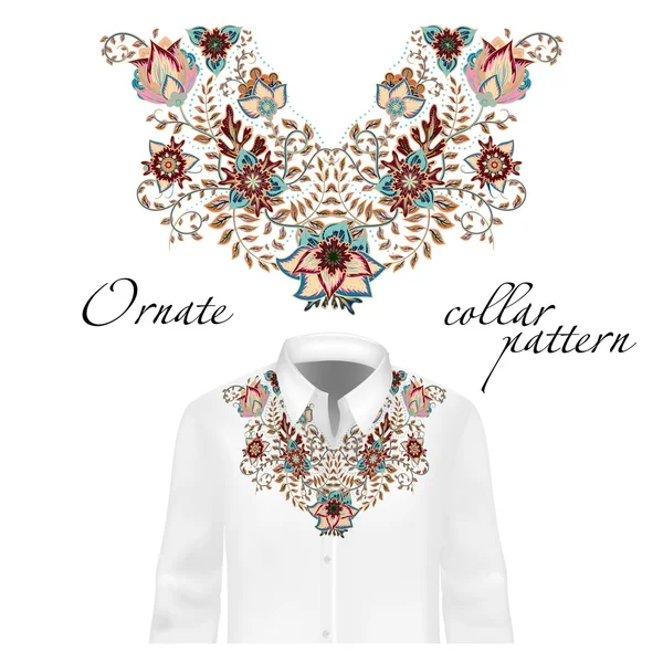 Vector design for collar shirts, blouses. Colorful ethnic flowers neck.