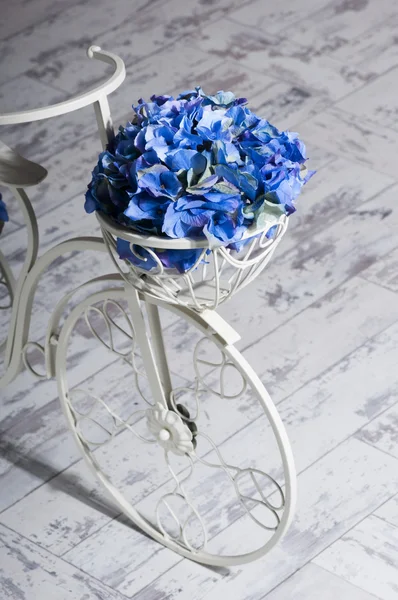 Garden white bicycle with a basket of flowers blue hydrangea