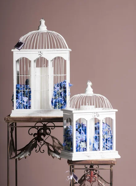 White wooden bird cages with blue hydrangeas
