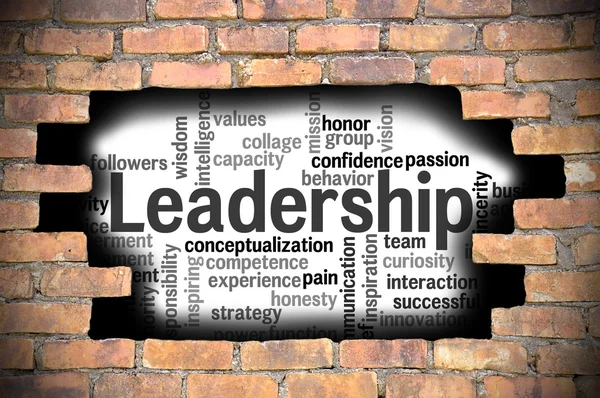 Hole at the brick wall with leadership word cloud inside