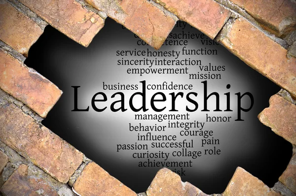 Hole at the brick wall with leadership word cloud inside
