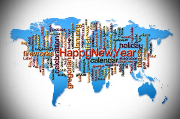 Word Cloud of  happy new year with world map background