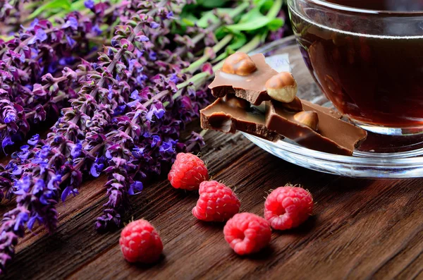 Still life with raspberries and chocolate