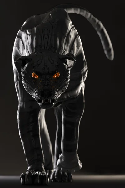 Evil looking cyborg black panther with red glowing eyes walking towards camera