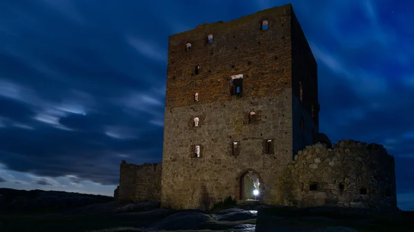 Light placed inside the main tower of hammershus castle ruin to make a special spooky effect