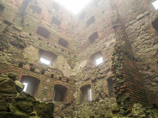 Ruined medieval castle tower in fog with windows