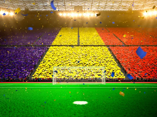 Flag Romania  of fans. Evening stadium arena