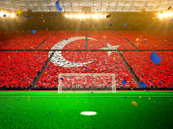 Flag Turkey of fans. Evening stadium arena Yellow