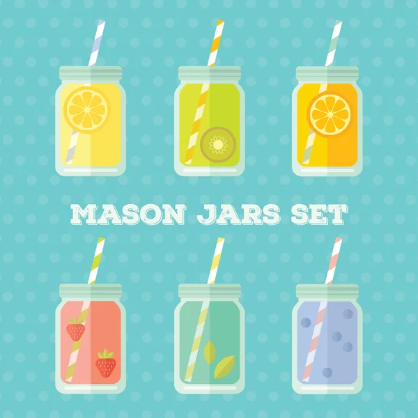 Flat colorful design style modern vector illustration set of mason jar vectors. Summer lemonades with fruits: lemon, kiwi, orange, strawberries, mint, blueberries isolated on blue dotted background.