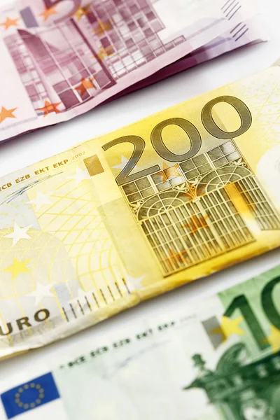 Various Euro bank notes in a row