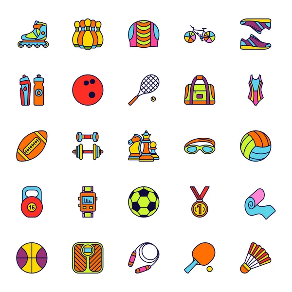 Set of line colored icon. Sport, fitness and recreation equipment. Contour colorful icons. Info graphic elements. Simple design. Vector illustration, eps 10.
