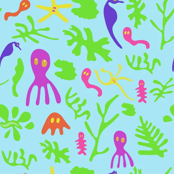 The underwater world populated by seaweed, sea horses, jellyfish and other small animals and plants